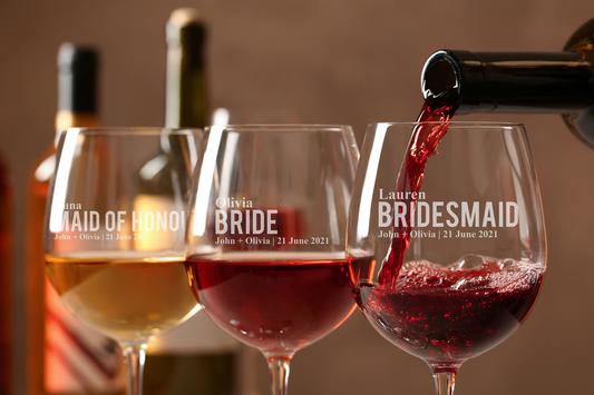 Bride and Squad / Groom and Crew Custom Engraved Wine Glasses (5 Set)